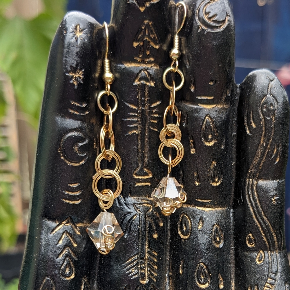 Gold Wire Wrapped Earrings Spiral Circles Cute Handmade Artisan Tiny Hoops Gem